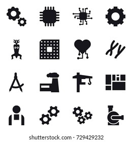 16 vector icon set : gear, chip, dna modify, cpu, cardio chip, draw compass, factory, tower crane, gears, water pump