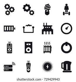 16 vector icon set : gear, bulb, hoverboard, battery, electrostatic, factory, barometer, remote control, speaker, radiator, kettle