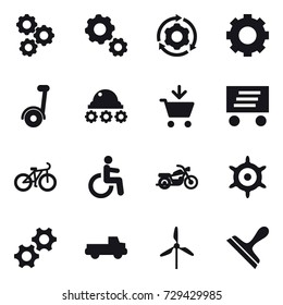 16 vector icon set : gear, around gear, segway, lunar rover, add to cart, delivery, bike, motorcycle, handwheel, pickup, windmill, scraper