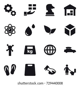 16 vector icon set : gear, gift, chess horse, warehouse, atom, 3d, windmill, globe, car baggage, flip-flops, cutting board, wiping, toilet cleaning