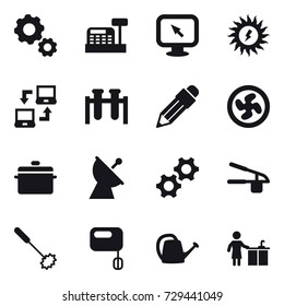 16 vector icon set : gear, cashbox, monitor arrow, sun power, notebook connect, pencil, cooler fan, pan, satellite antenna, garlic clasp, whisk, watering can, kitchen cleaning
