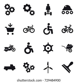 16 vector icon set : gear, hoverboard, lunar rover, add to cart, bike, motorcycle, invalid, handwheel, wheelbarrow, pickup, gears, windmill, scraper