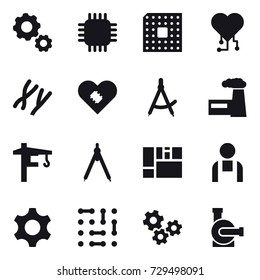 16 vector icon set : gear, chip, cpu, cardio chip, draw compass, factory, tower crane, drawing compass, gears, water pump