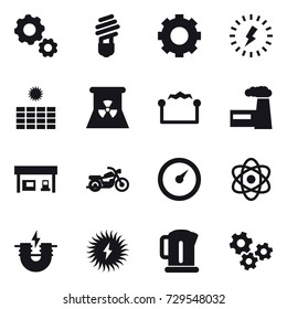 16 vector icon set : gear, bulb, lightning, sun power, nuclear power, electrostatic, factory, gas station, motorcycle, barometer, kettle, gears