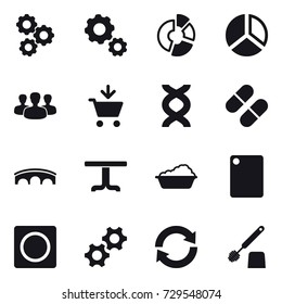 16 vector icon set : gear, circle diagram, diagram, group, add to cart, bridge, table, washing, cutting board, ring button, reload, toilet brush