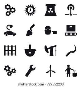 16 vector icon set : gear, sun power, nuclear power, laser, electric car, construction, sickle, gears, wrench, windmill, garbage bin