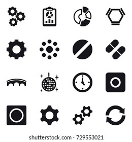 16 vector icon set : gear, report, circle diagram, hex molecule, round around, bridge, disco ball, watch, ring button, reload