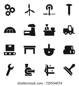 16 vector icon set : gear, windmill, laser, nail, hangare, factory, table, water pump, skyscrapers cleaning, scraper