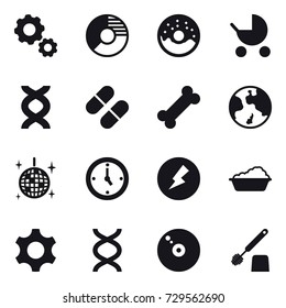 16 vector icon set : gear, circle diagram, donut, baby stroller, earth, disco ball, watch, electricity, washing, toilet brush