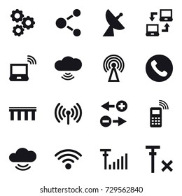 16 vector icon set : gear, molecule, satellite antenna, notebook connect, notebook wireless, cloud wireless, antenna, phone, bridge, wireless