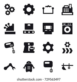 16 vector icon set : gear, electrostatic, cashbox, atm, washing machine, mixer, coffee maker, plow