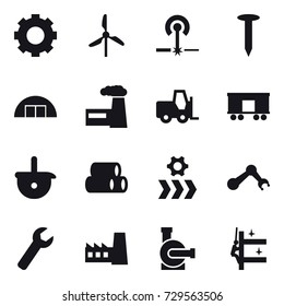 16 vector icon set : gear, windmill, laser, nail, hangar, factory, wrench, water pump, skyscrapers cleaning