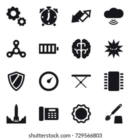 16 vector icon set : gear, alarm clock, up down arrow, cloud wireless, spinner, battery, shield, barometer, iron board, toilet brush