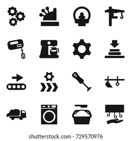 16 vector icon set : gear, cashbox, tower crane, mixer, coffee maker, plow, trash truck, washing machine, washing powder, hand dryer