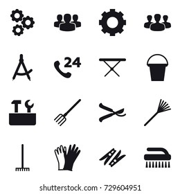 16 vector icon set : gear, group, draw compass, iron board, bucket, repair tools, fork, pruner, rake, gloves, clothespin, brush