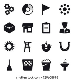 16 vector icon set : gear, circle diagram, flag, round around, box, shop, sun, Chair for babies, horseshoe, broom, trash bin, foam bucket, water tap sink