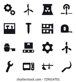 16 vector icon set : gear, windmill, nuclear power, laser, tools, nail, modular house, measuring tape, plow, sickle