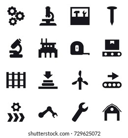 16 vector icon set : gear, microscope, tools, nail, factory, measuring tape, wrench, barn