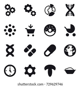 16 vector icon set : gear, circle diagram, dna, round around, add to cart, donut, baby stroller, watch, foam basin