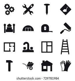 16 vector icon set : gear, pencil wrench, nail, under construction, minaret, hangare, measuring tape, repair, plan, water tap, window, stairs, wheelbarrow, house, gloves