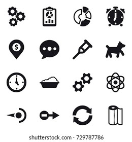 16 vector icon set : gear, report, circle diagram, alarm clock, dollar pin, ballon, dog, watch, washing, reload, paper towel