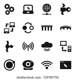 16 vector icon set : gear, notebook, globe connect, satellite, notebook connect, quantum bond, bridge, wireless