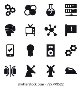 16 vector icon set : gear, atom core, round flask, server, virtual mask, tv, mobile checking, bulb, speaker, windmill, iron