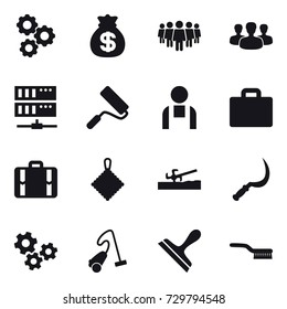 16 vector icon set : gear, money bag, team, group, server, repair, suitcase iocn, suitcase, rag, soil cutter, sickle, gears, vacuum cleaner, scraper, brush