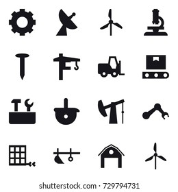 16 vector icon set : gear, satellite antenna, windmill, microscope, nail, tower crane, repair tools, plow, barn