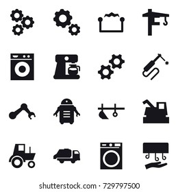 16 vector icon set : gear, electrostatic, tower crane, washing machine, coffee maker, plow, harvester, tractor, trash truck, hand dryer