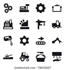 16 vector icon set : gear, cashbox, electrostatic, tower crane, mixer, soil cutter, tractor, washing powder, hand dryer