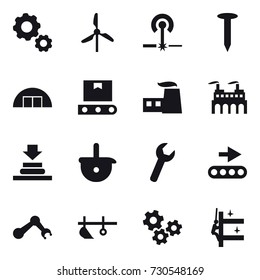 16 vector icon set : gear, windmill, laser, nail, hangare, plow, gears, skyscrapers cleaning
