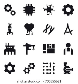 16 vector icon set : gear, chip, dna modify, cardio chip, draw compass, factory, tower crane, water pump