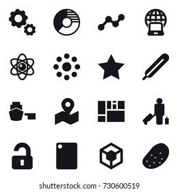 16 vector icon set : gear, circle diagram, graph, notebook globe, atom, round around, star, passenger, unlocked, cutting board, potato