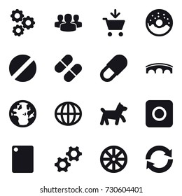 16 vector icon set : gear, group, add to cart, donut, bridge, globe, dog, ring button, cutting board, wheel, reload