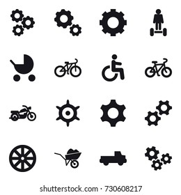 16 vector icon set : gear, hoverboard, baby stroller, bike, motorcycle, handwheel, wheel, wheelbarrow, pickup, gears