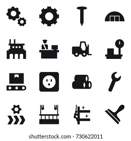 16 vector icon set : gear, nail, hangare, factory, power socket, skyscapers cleaning, skyscrapers cleaning, scraper