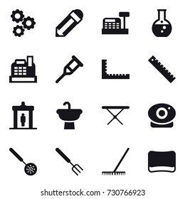 16 vector icon set : gear, pencil, cashbox, round flask, ruler, detector, iron board, skimmer, big fork, rake, sponge