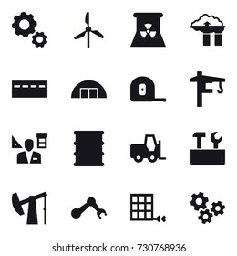 16 vector icon set : gear, windmill, nuclear power, factory filter, bunker, hangare, measuring tape, tower crane, architector, repair tools, gears