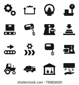 16 vector icon set : gear, electrostatic, mixer, coffee maker, tractor, trash truck, utility room, hand dryer
