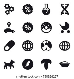 16 vector icon set : gear, percent, round flask, dna, car pointer, donut, baby stroller, earth, globe, dog, electricity, foam basin