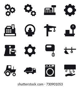 16 vector icon set : gear, cashbox, tower crane, coffee maker, plow, tractor, trash truck, washing machine, hand dryer