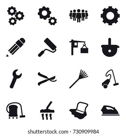 16 vector icon set : gear, team, pencil, repair, pruner, rake, vacuum cleaner, floor washing, iron