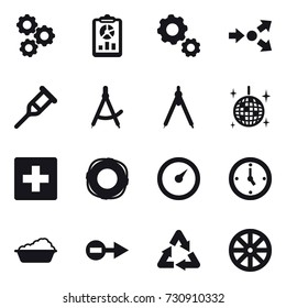 16 vector icon set : gear, report, core splitting, draw compass, drawing compass, disco ball, first aid, lifebuoy, barometer, watch, washing, wheel
