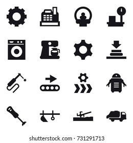 16 vector icon set : gear, cashbox, washing machine, coffee maker, plow, soil cutter, trash truck
