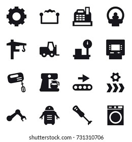 16 vector icon set : gear, electrostatic, cashbox, tower crane, atm, mixer, coffee maker, washing machine