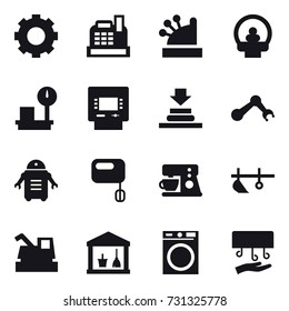 16 vector icon set : gear, cashbox, atm, plow, harvester, utility room, washing machine, hand dryer