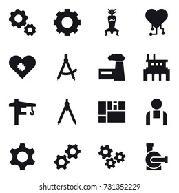 16 vector icon set : gear, dna modify, cardio chip, draw compass, factory, tower crane, drawing compass, gears, water pump