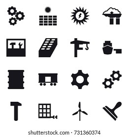 16 vector icon set : gear, sun power, factory filter, tools, brick, tower crane, windmill, scraper