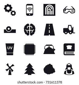 16 vector icon set : gear, phone wireless, fingerprint, smart glasses, uv cream, kettle, windmill, spruce, pile of garbage, cleaner